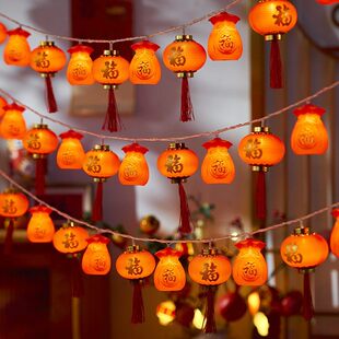 春节爆款新春福字灯串过年元宵灯笼 太阳能红灯笼长续航福袋灯串