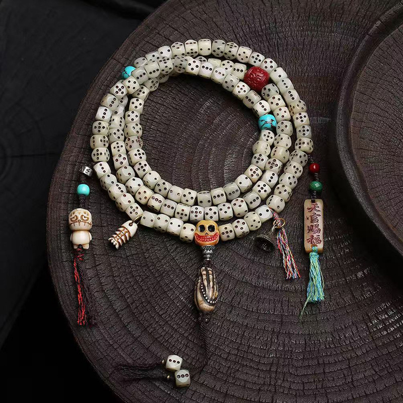 藏传回流骨雕刻骰子108颗佛珠脖挂朱砂回纹珠骆驼骨阿呆三通配饰