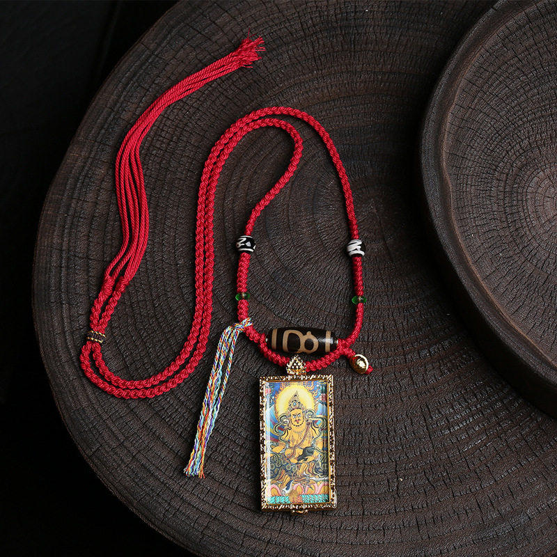 藏式文玩黄财神唐卡佛牌吊坠毛衣链手工编织手搓绳本命年红绳项链