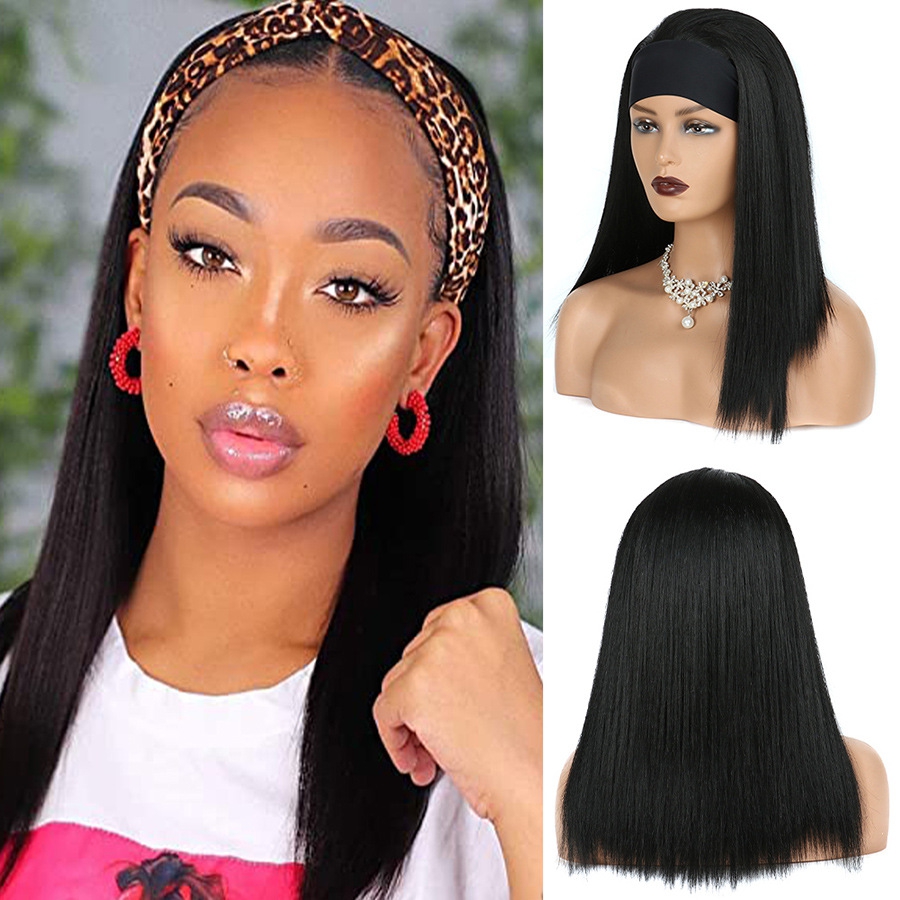 新款直销欧美假发女发带头套黑色中长直发假发 头巾发带头套