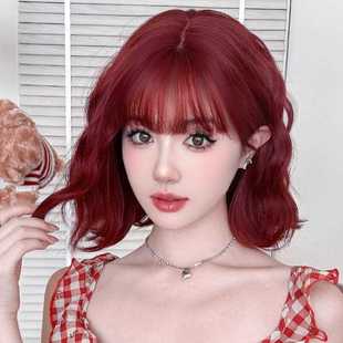 新款 化纤仿真整顶假发高温丝 直销假发女短卷发波尔多红亚马逊新款