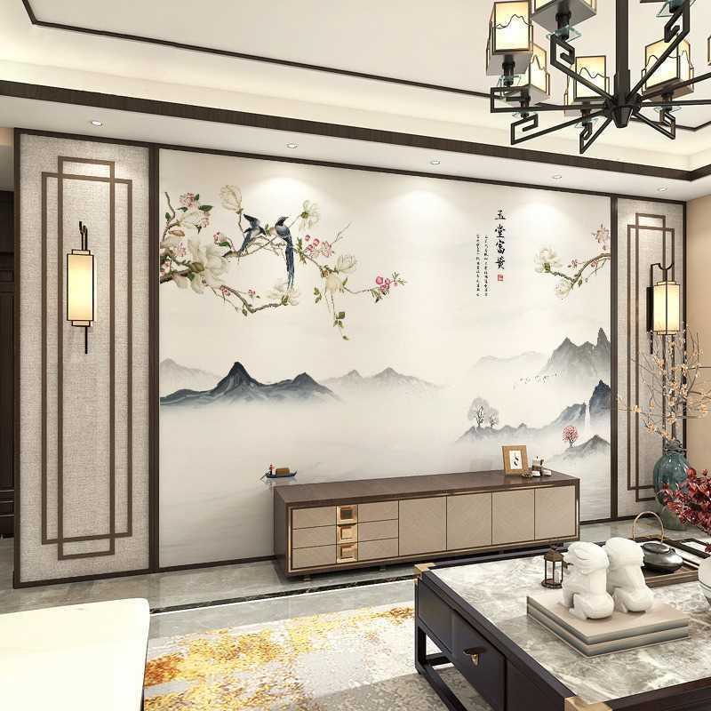 新款直销新中式电视背景墙壁布现简约花鸟壁纸餐厅客厅沙发影视墙