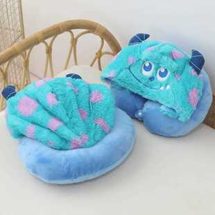 新款直销卡通可爱毛怪连帽U型枕办公室午睡护颈椎枕旅行便携飞机