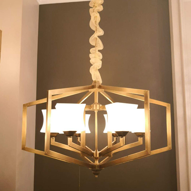 高档美式全铜吊灯 简美乡村纯铜餐厅吊灯 别墅餐厅铜吊灯玻璃灯罩