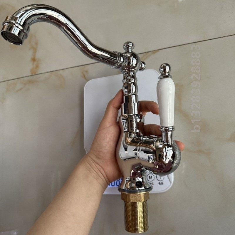 法式复古水龙头黄铜面盆洗手盆龙头古典浴室金色陶瓷把手冷热水头