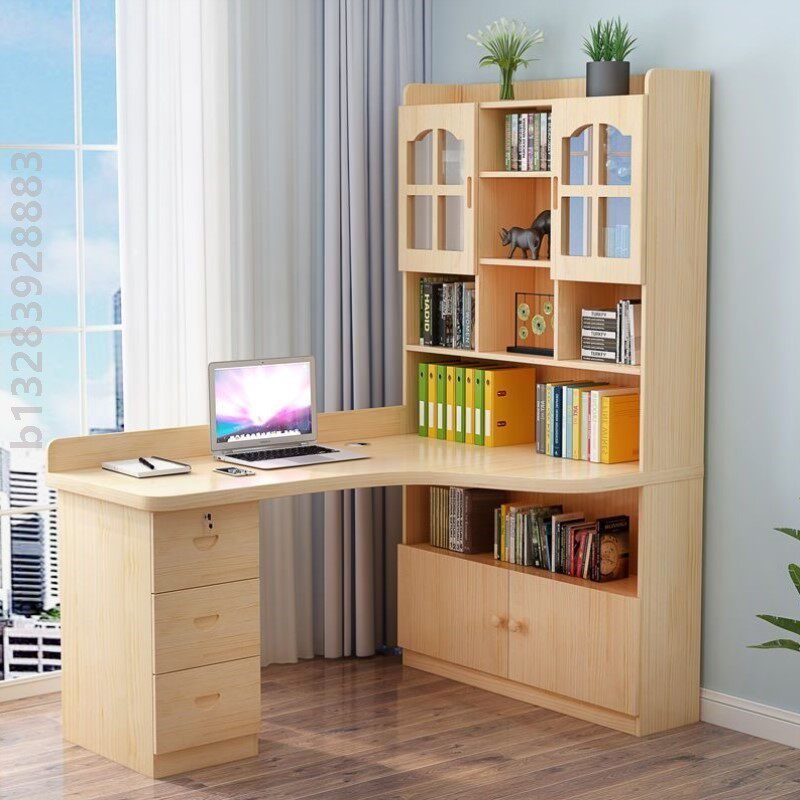 实木转角书桌带书架一体组合柜电脑写字台学习桌儿童拐角书房家具