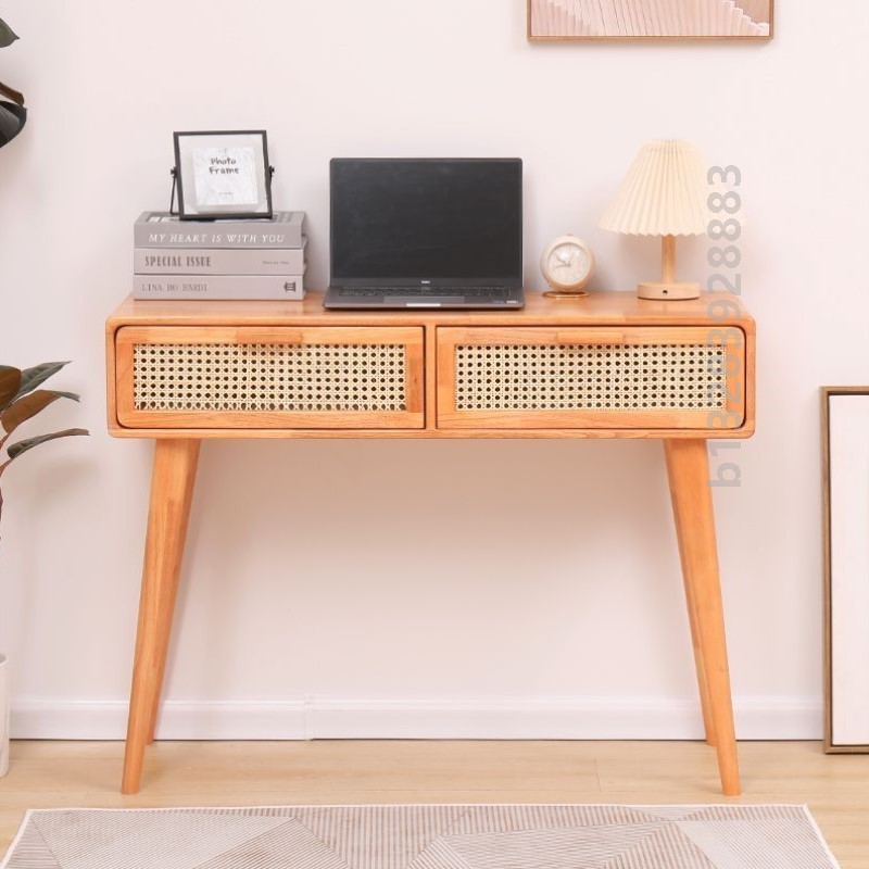 实木梳妆台斗柜一体现代简约藤编化妆台原木色书桌日式卧室化妆桌