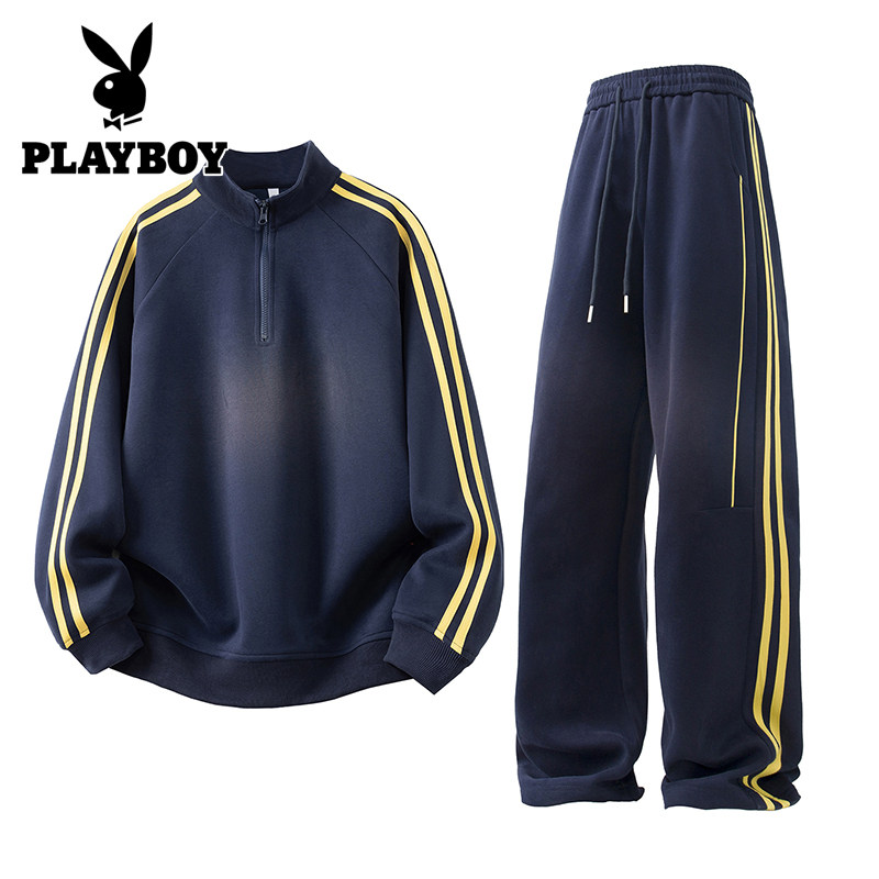 花花公子条纹运动服套装男女同款2025新款秋冬立领卫衣长裤两件套