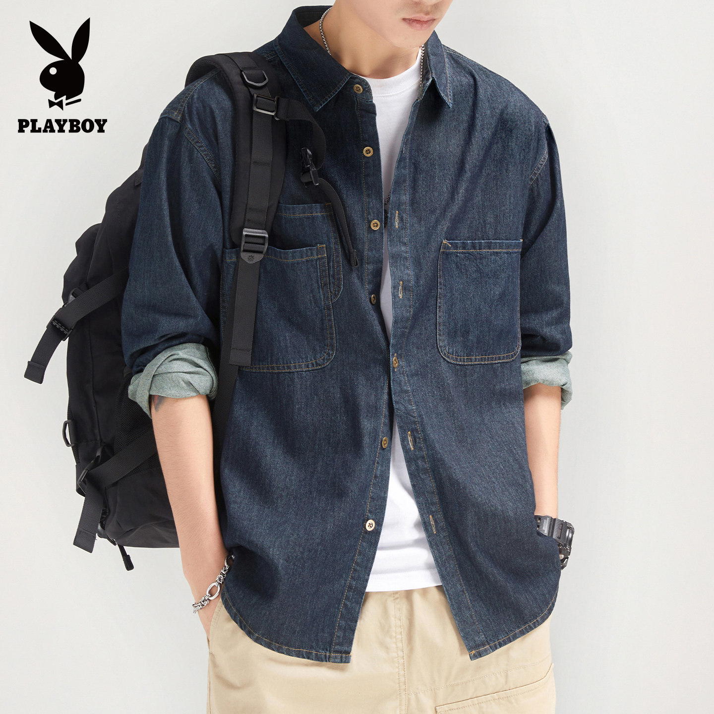 花花公子纯棉牛仔衬衫男士秋冬厚款加绒宽松工装长袖衬衣休闲外套