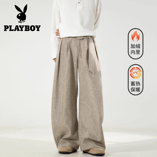 花花公子高级感老钱风腰带亚麻弯刀西裤男士冬季加绒加厚休闲裤子