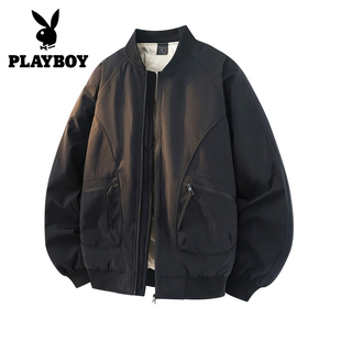 花花公子黑色棒球领90白鸭绒羽绒服男款冬季款美式潮牌夹克外套男