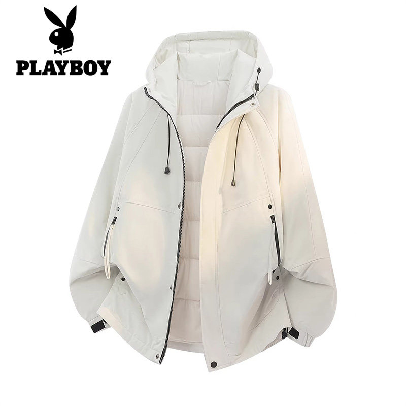 花花公子山系运动防风防水防寒羽绒服男女冬季新款连帽夹克外套潮