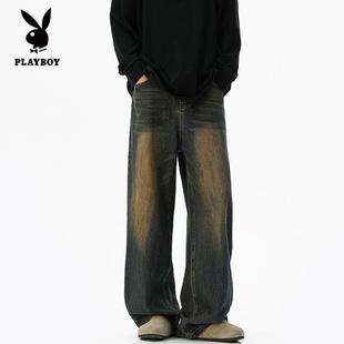 花花公子美式复古做旧牛仔裤男秋季高街休闲阔腿黄泥染直筒长裤子