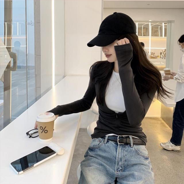女新款简约修身气质长袖假两件上