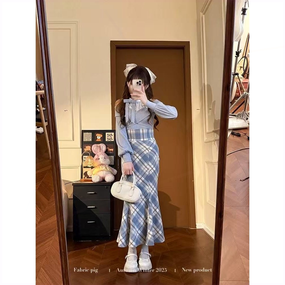 小熊千金感格纹包臀半身裙女秋