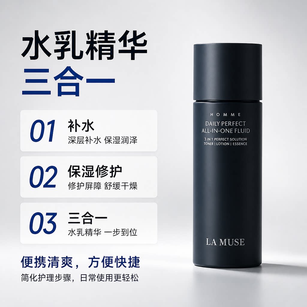 韩国LAMUSE男士多功能修护水乳液精华三合一保湿补水清爽不油腻