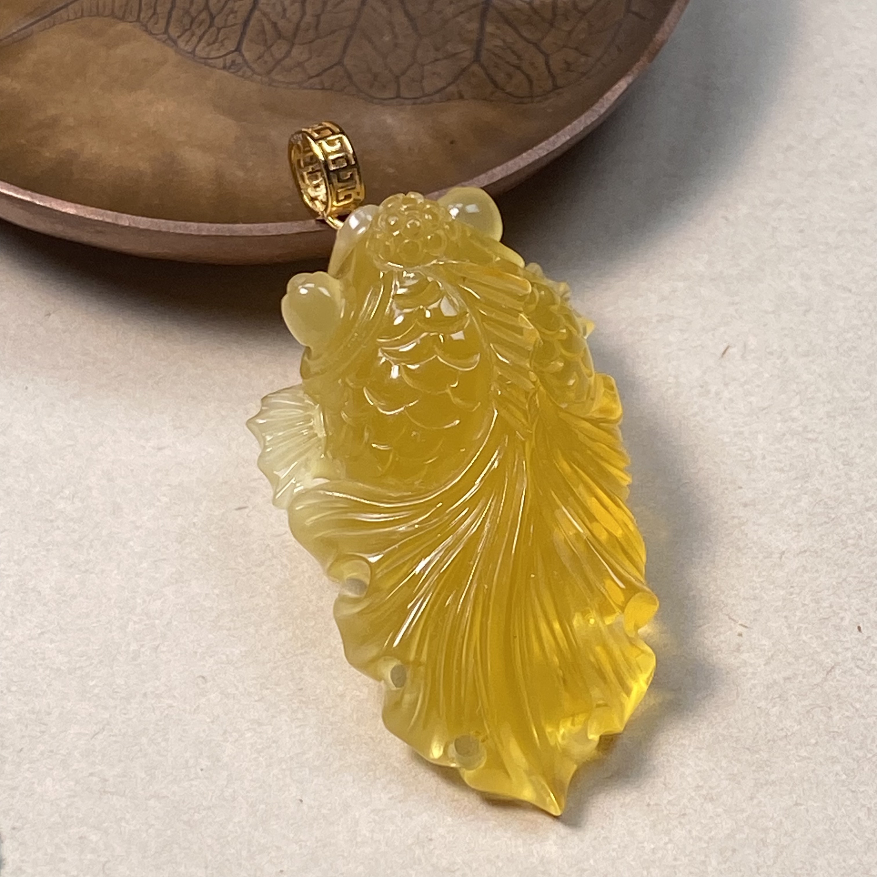 627#天然蜜蜡鸡油黄金鱼满堂925银扣头吊坠6.53克年年有余吊坠