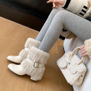 真皮粗跟毛绒短靴女冬季雪地靴加绒加厚保暖气质高跟时装靴子女款