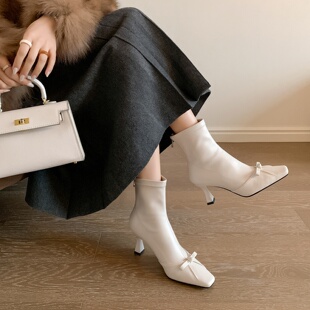 法式方头细跟弹力瘦瘦靴女短靴高跟显瘦百搭短筒靴子女款时尚女靴