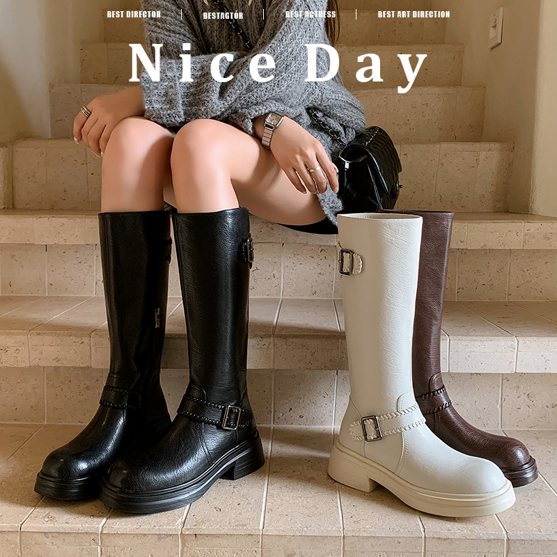 真皮长筒靴女粗跟骑士靴厚底增高