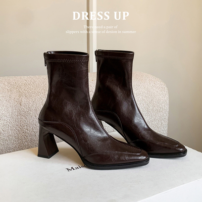 真皮法式方头粗跟短靴女瘦瘦靴