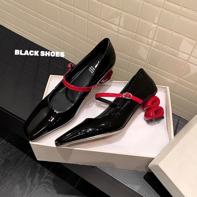 真皮法式优雅方头玛丽珍鞋女粗跟浅口单鞋女百搭气质不累脚高跟鞋