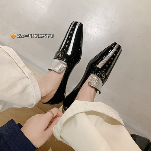 真皮方头铆钉内增高单鞋女两穿