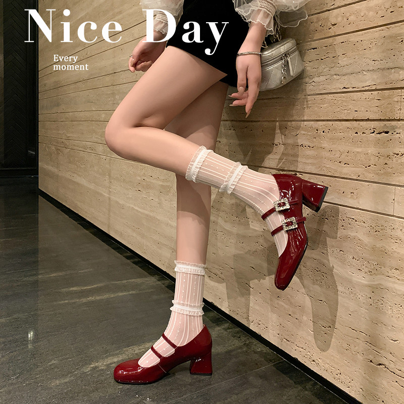 真皮法式玛丽珍鞋女粗跟高跟鞋女气质高级不累脚酒红色婚鞋女单鞋