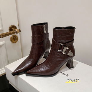 真皮高跟短靴女2025新款加绒时装靴粗跟显瘦气质尖头短筒靴子女款