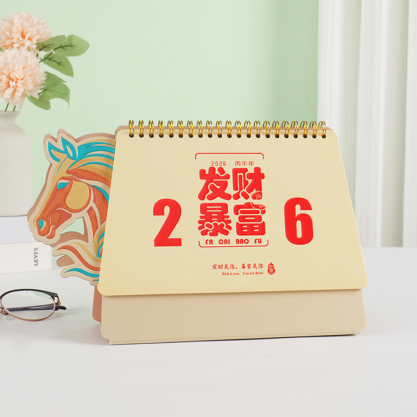 2026马年精美焕新艺术特种纸台历创意中国文化大格子月历桌面摆件现货定制logo