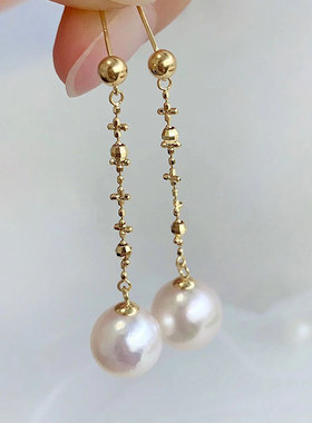 周洲珍珠18K黄金色仙女豆豆链淡水珍珠耳线 时尚长款流苏耳钉耳环