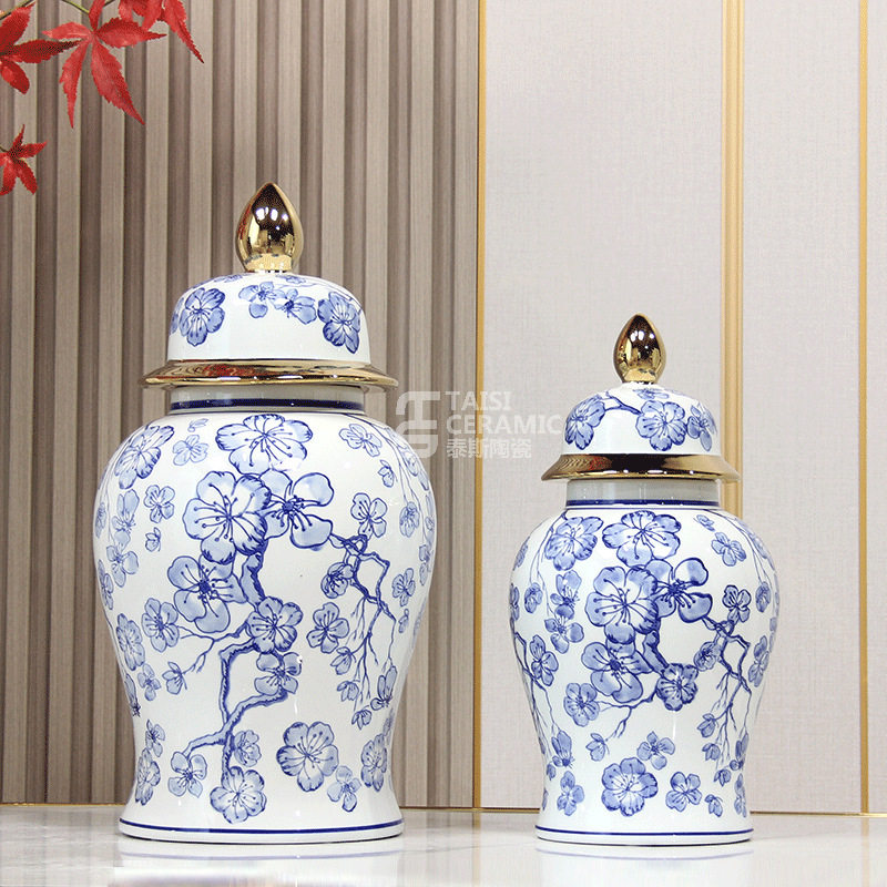 新中式青花瓷电镀金边将军罐陶瓷花瓶摆件工艺品瓷器花插软装饰品