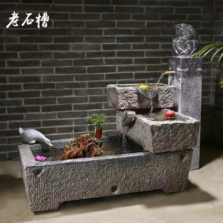 石槽户外庭院复古花盆老石槽景区庭院摆件猪槽石盆流水组合水槽