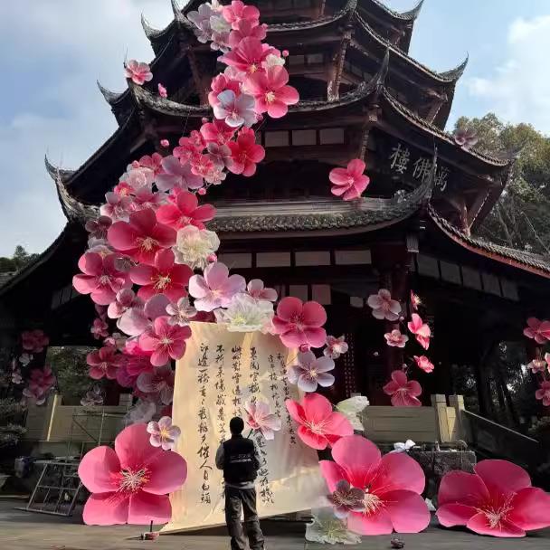 户外防水仿真花桃花瀑布景区拍摄假花网红打卡点美陈手工纸花装饰