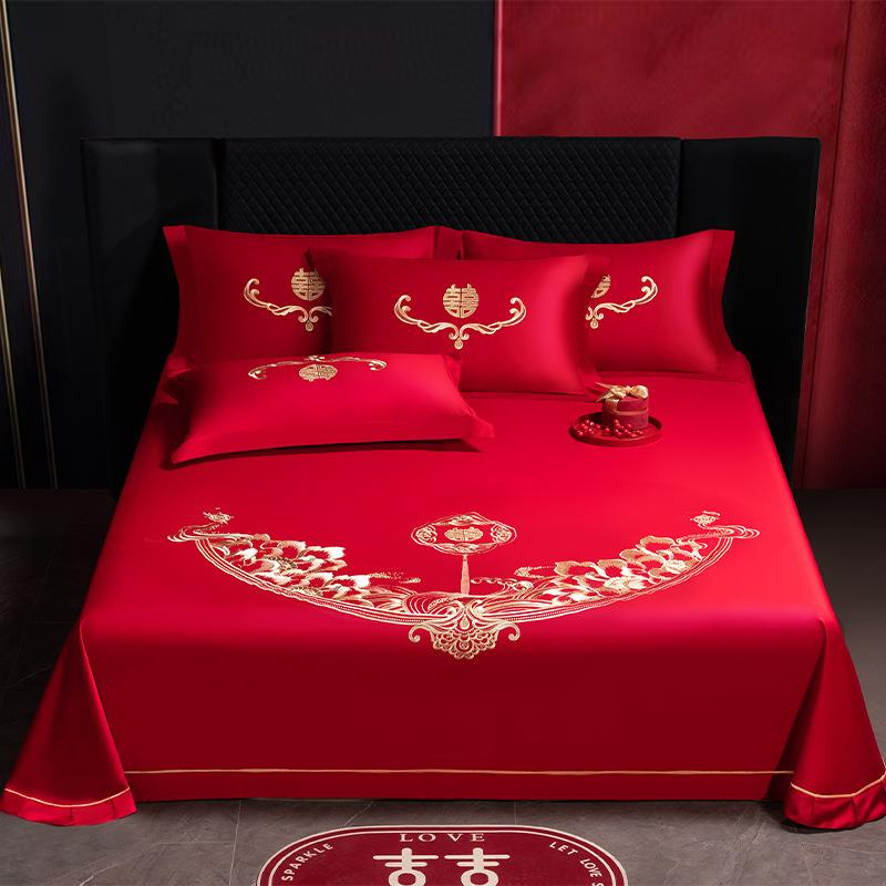 婚庆80支长绒棉纯棉床单单件陪嫁枕套三件套中式刺绣家用龙凤呈祥