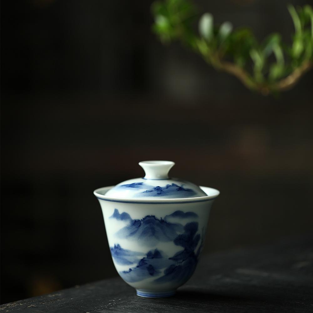 柴窑仿古青花山水盖碗内外手绘盖杯单个迷你小号不烫手寒窑泡茶碗