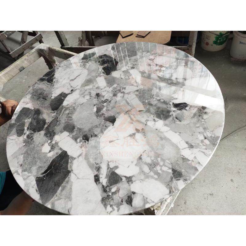 工厂家用人造石吃饭桌台面棕色花纹天然大理石别墅圆形餐桌面