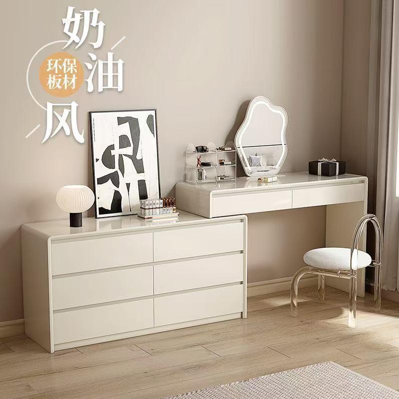 新款奶油风实木烤漆梳妆台简约现代高级感卧室斗柜一体化妆桌