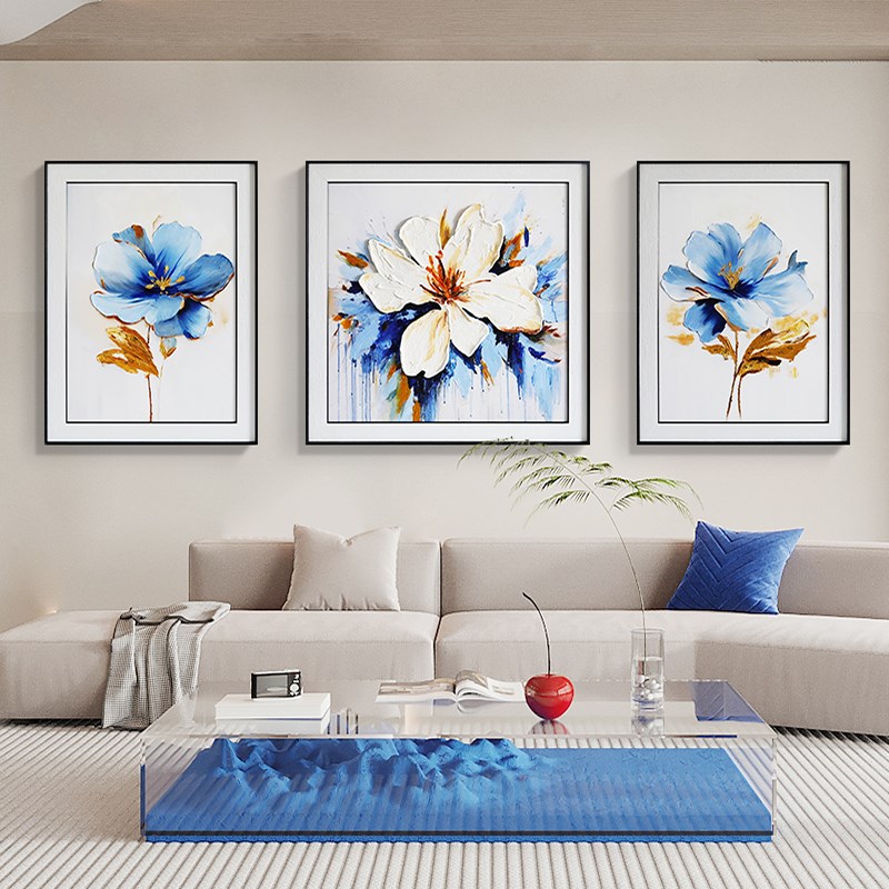速发手绘油画立体肌理花卉复古美式客厅装饰画沙发背景墙挂画三联图片