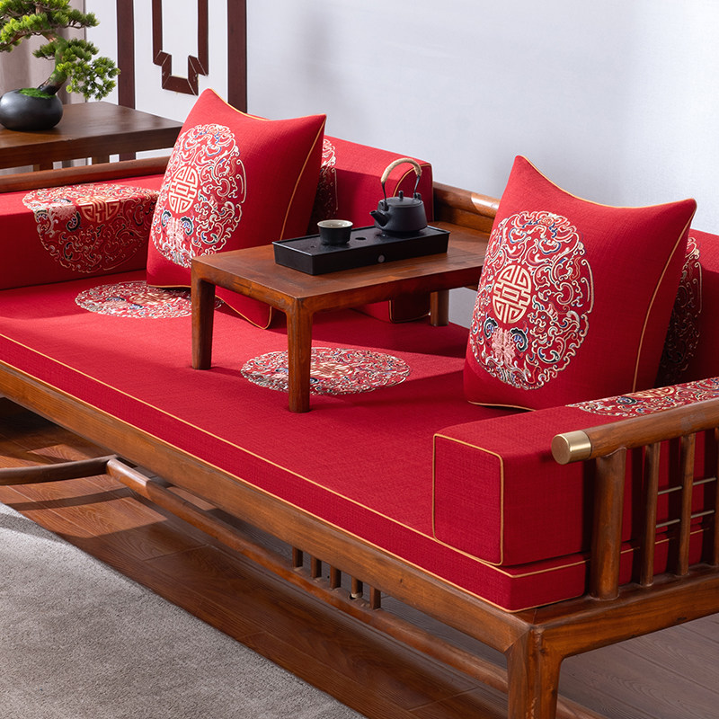 速发中式红木沙发坐垫罗汉床垫子防滑带发背五件套垫子实木沙靠垫