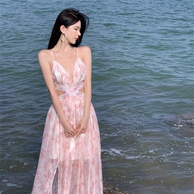 速发海边度假沙滩裙气质仙仙裙吊带露背收腰连衣裙拖地长裙超长款