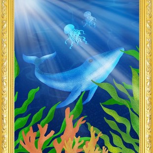 速发大室款 饰男画孩孩挂画可带实木 鲸鱼海草儿童房卧小客厅壁画装