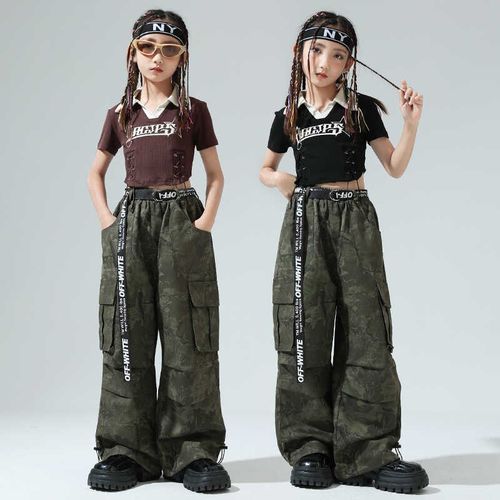 速发瞳爵士舞尚演出Z儿 童迷彩时蹈工装裤套装孩露脐JA服Z潮服装