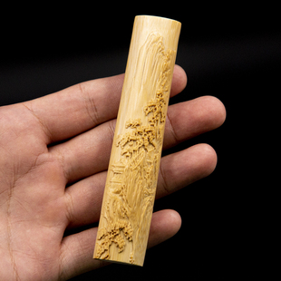 速发玩子手把件实心竹把件玉竹竹竹浮雕山水盘雕竹子文玩实心竹把