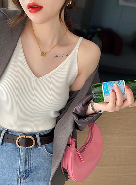 速发针领吊带内搭V底白色背心外穿独特别致打织法式性感上衣夏