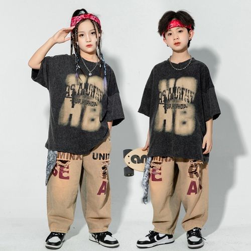 速发少儿街舞h套嘻哈服装男孩破洞牛仔裤潮iphop演出服孩爵士舞