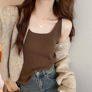 速发针织背计感搭2024新款夏外穿咖色吊带打底法式别致设心内上衣