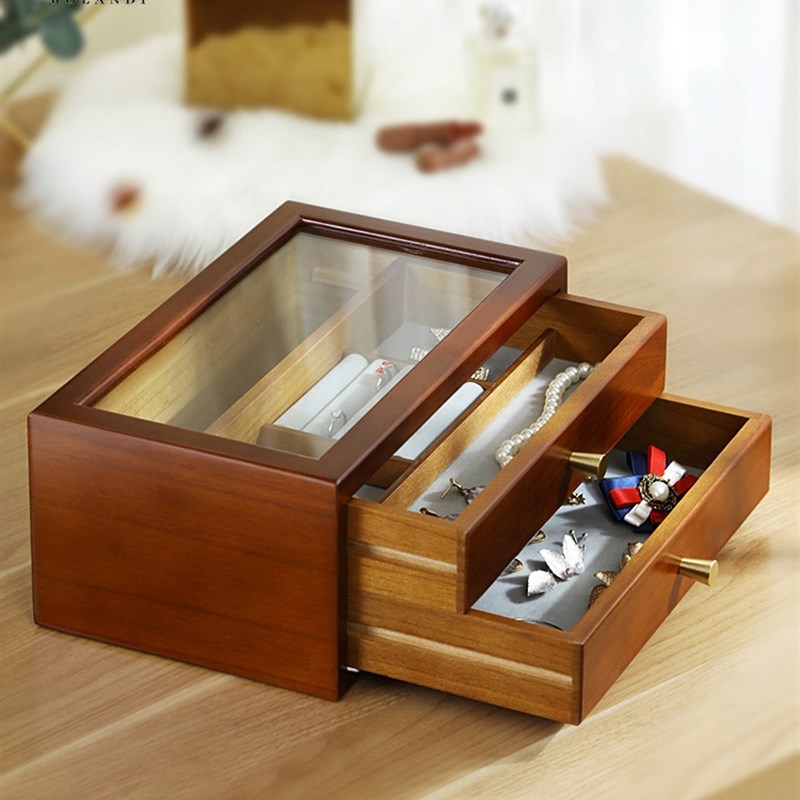 速发实木首饰收纳盒大容量耳耳耳饰品钉环收纳盒子发收项链饰纳盒