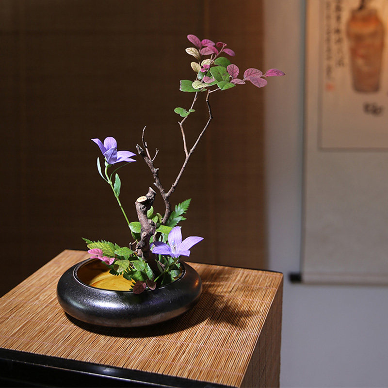 速发陶瓷小花器墨席插花花盘禅意茶黑中式插花器皿插古日式剑山复