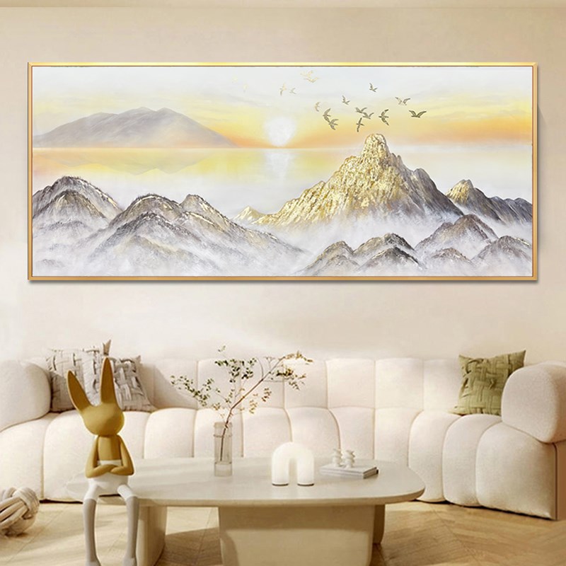 速发手绘油画简约客厅装饰画轻奢沙发壁画横幅挂画金箔立体画日照